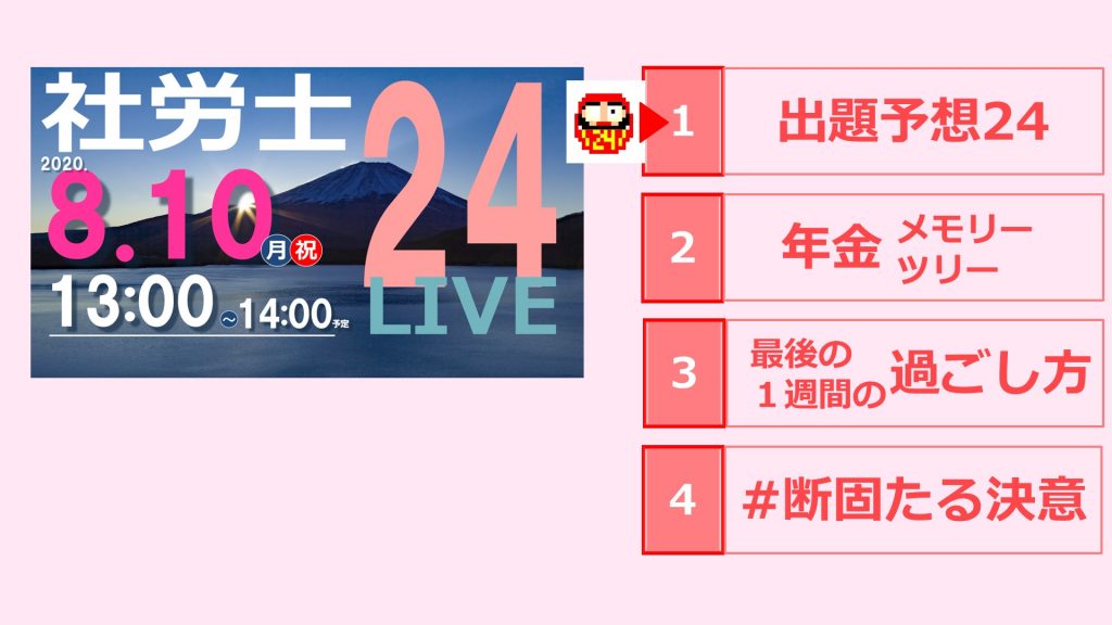 社労士24LIVE0810（出題予想24、年金メモリーツリー）アーカイブ。